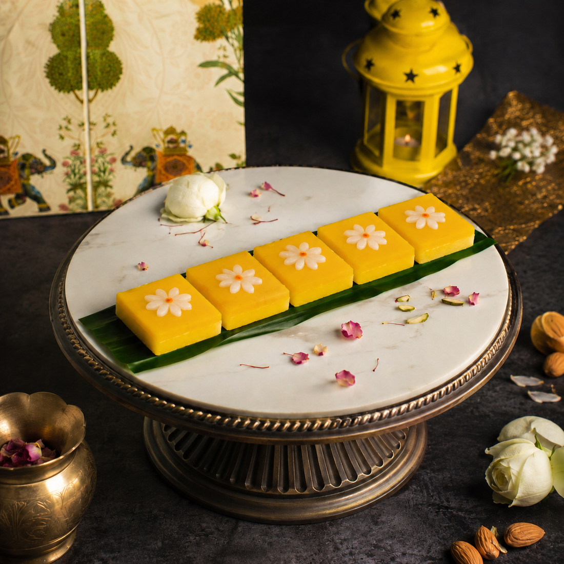 Badam Kesar Barfi Square With Flower