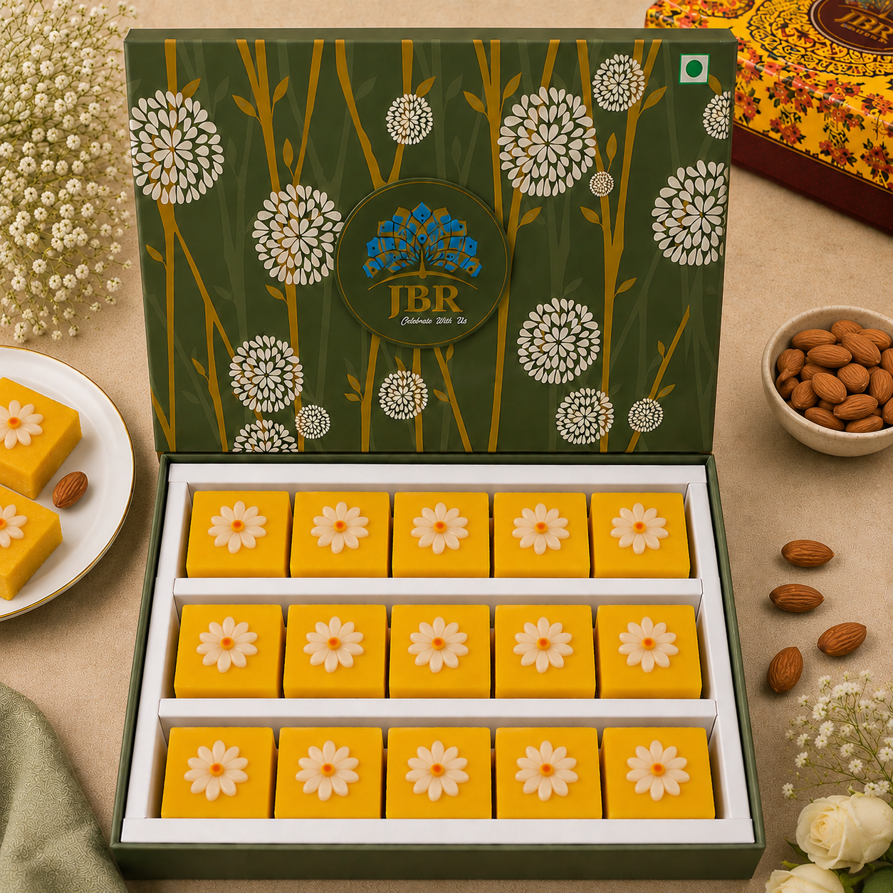 Badam Kesar Barfi Square With Flower