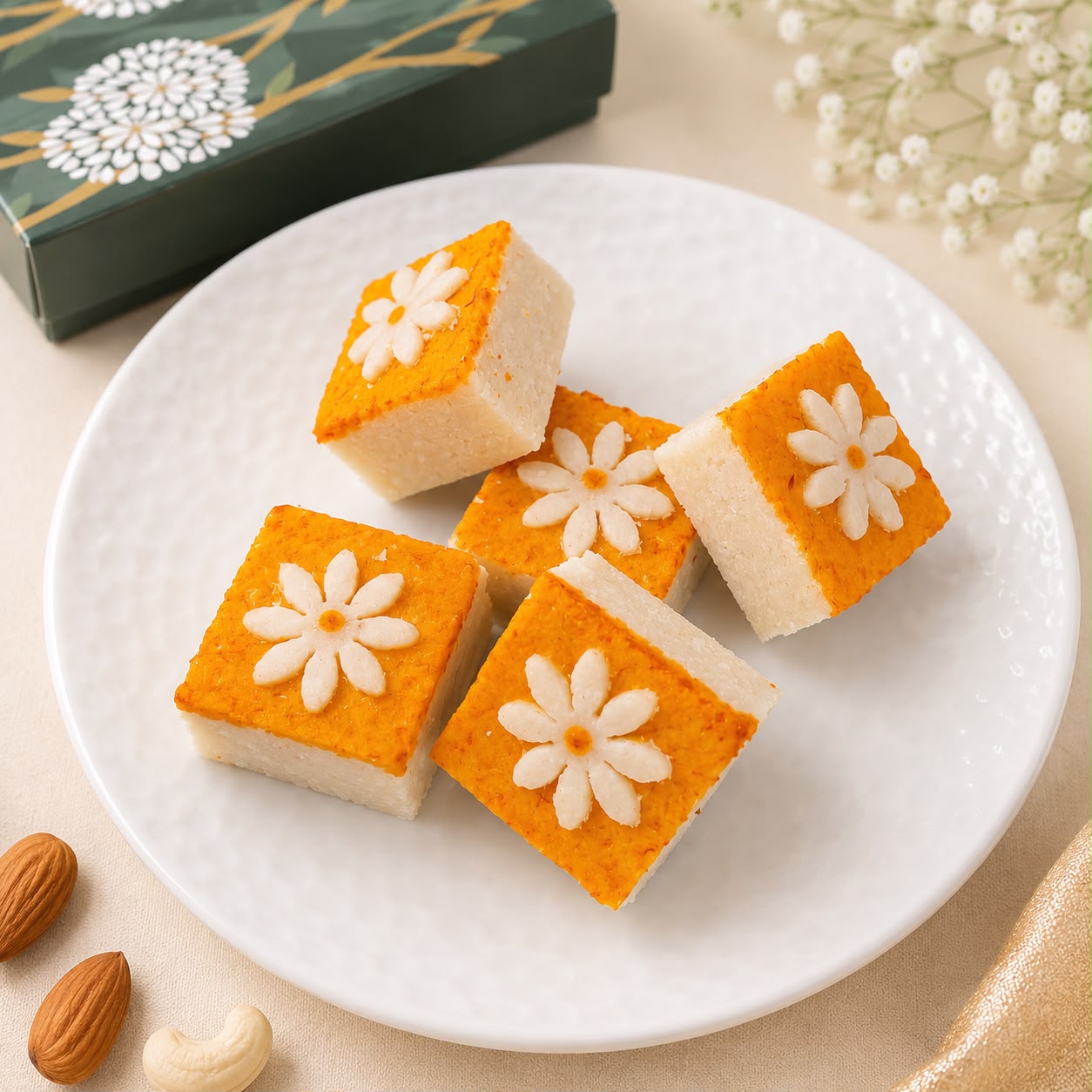 Badam Kesar Barfi Square With Flower