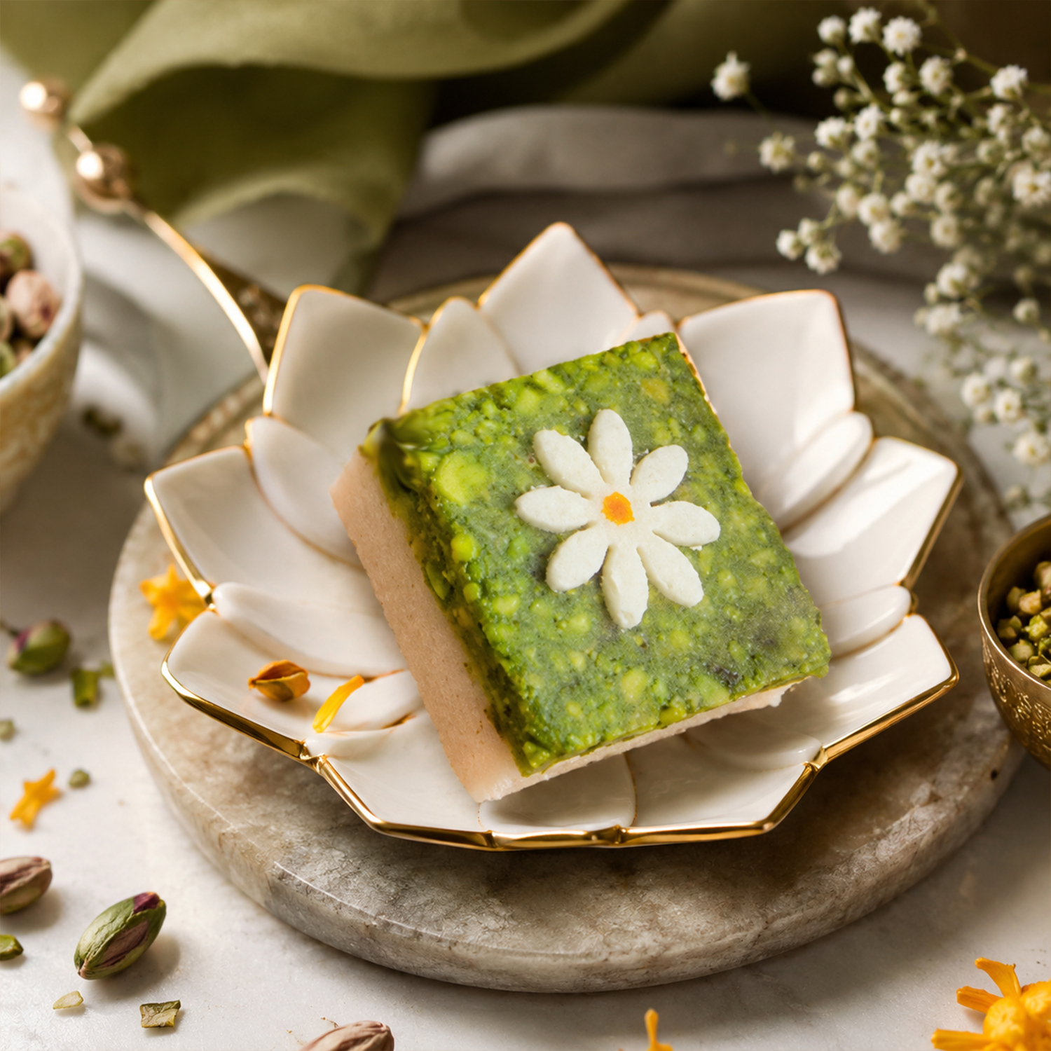 Badam Pista Barfi Square With Flower