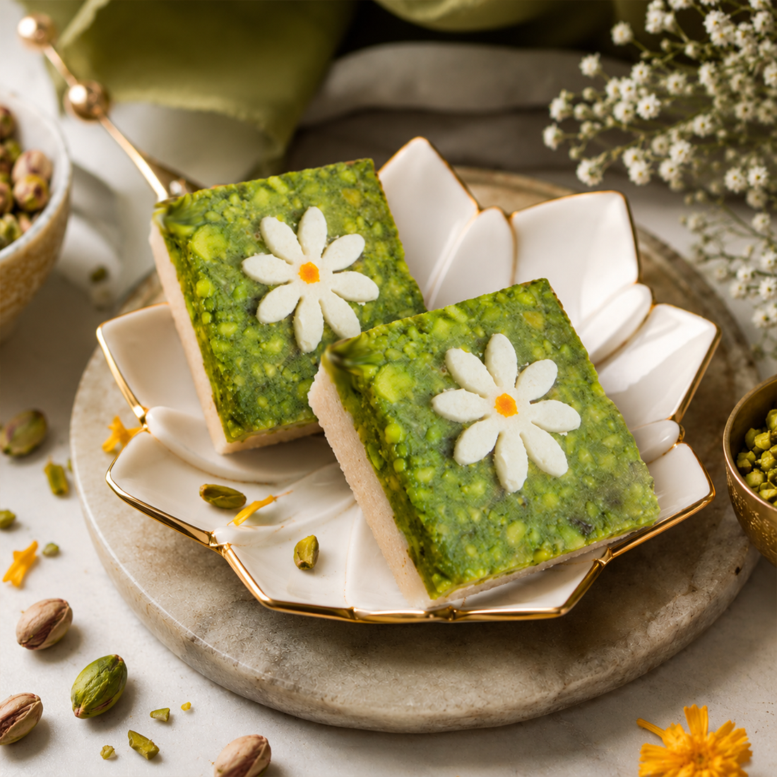 Badam Pista Barfi Square With Flower