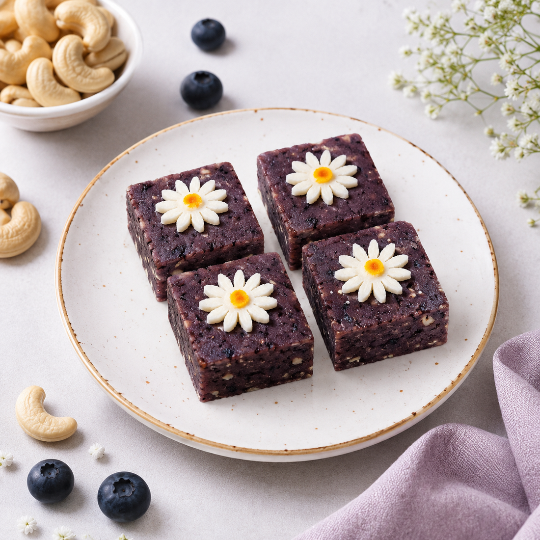 Kaju Blueberry Barfi Square With Flower