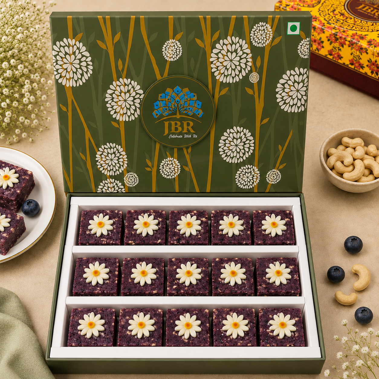 Kaju Blueberry Barfi Square With Flower