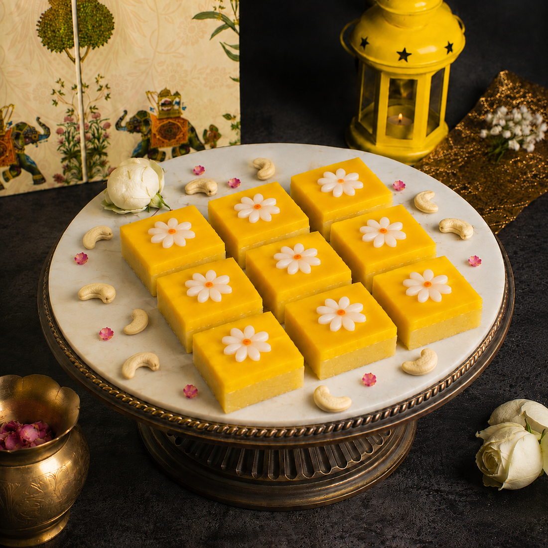 Kaju Kesar Barfi Square With Flower