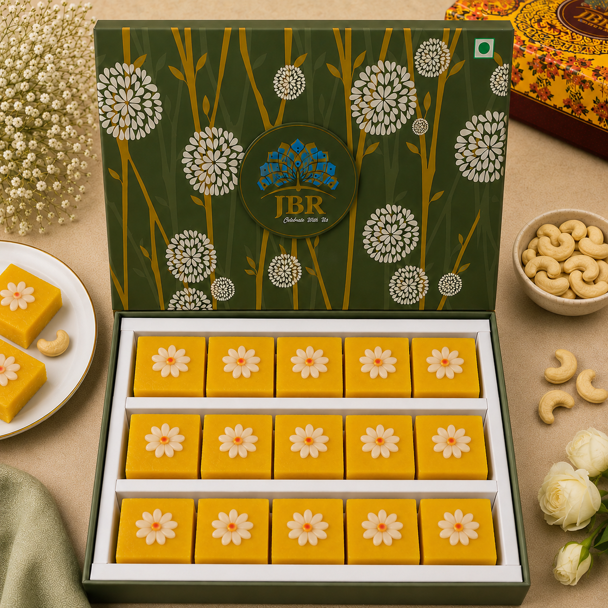Kaju Kesar Barfi Square With Flower