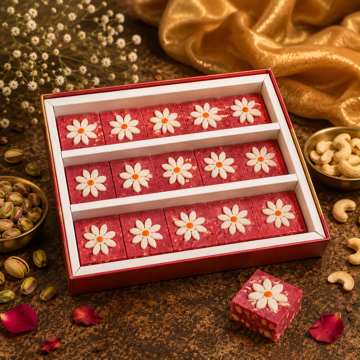 Kaju Strawberry Barfi Square With Flower