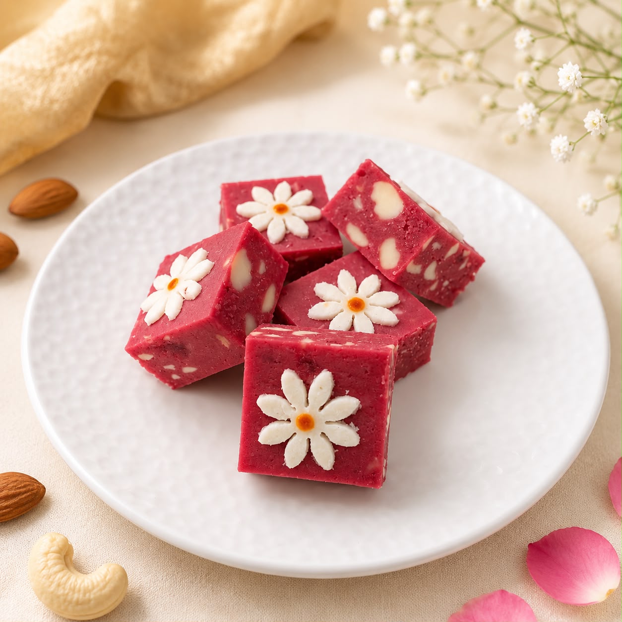 Kaju Strawberry Barfi Square With Flower